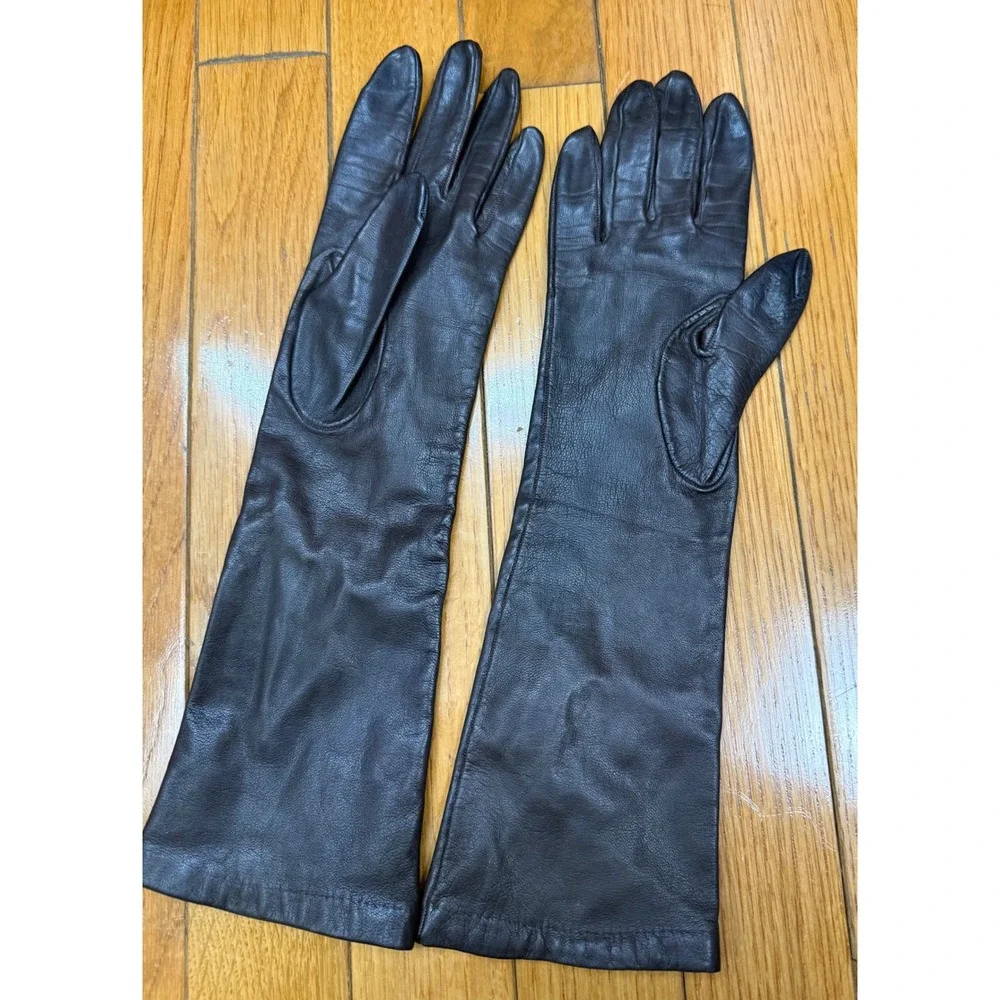 Gloves by Superb Vintage Dark Brown Leather Opera Length Evening Gloves Size 6.5